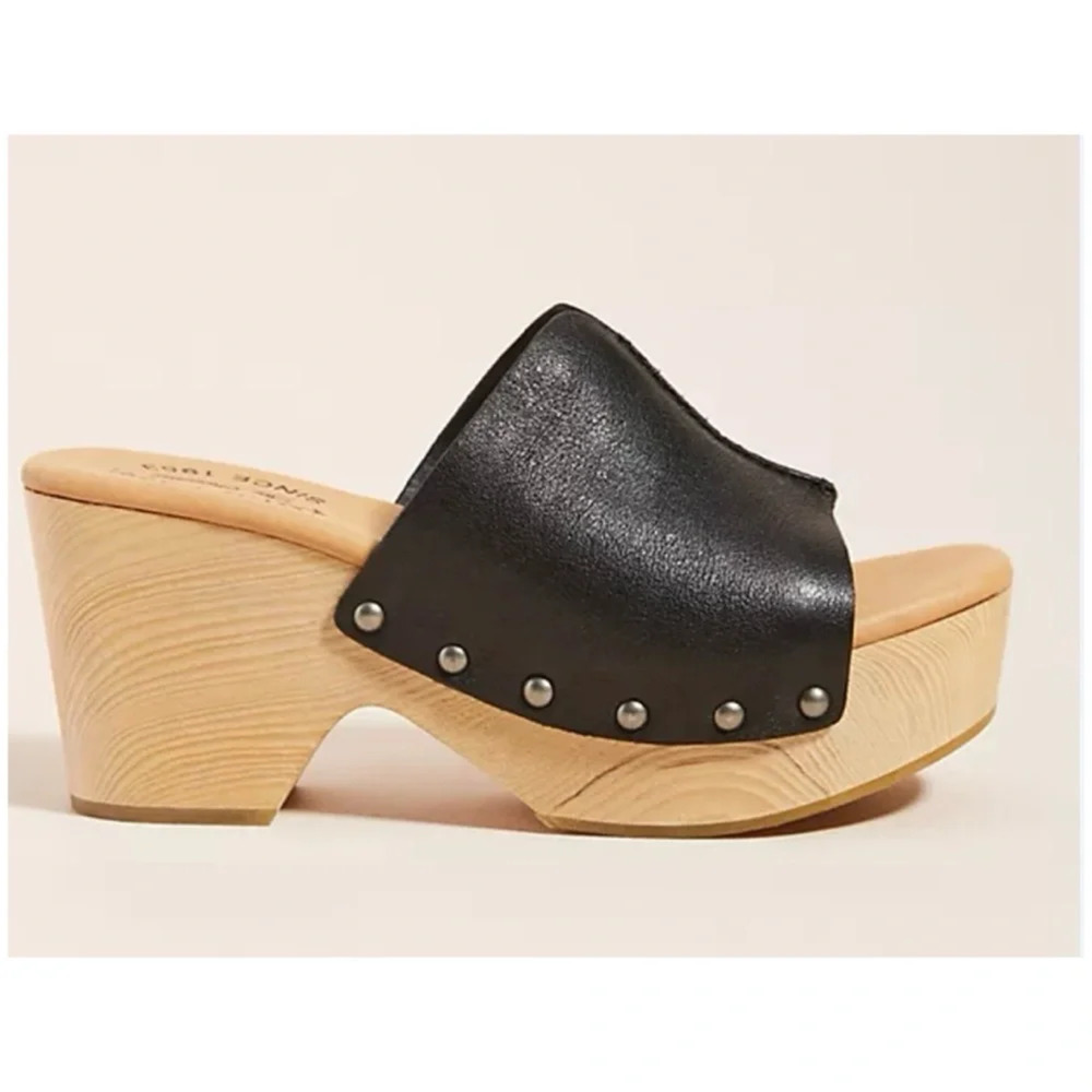 Kork Ease Anthropologie Wooden Black Leather Platform Clogs Size 8 Studded - Picture 2 of 10